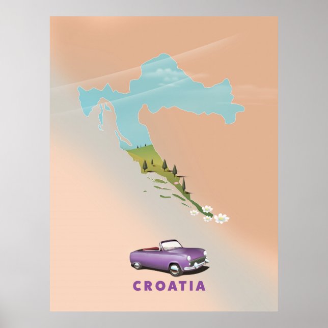 Mapa da Croácia Ilustrado impressão poster. (Frente)