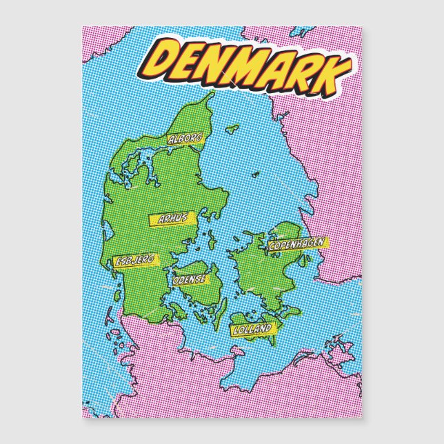 Mapa da Dinamarca ilustrada por pop Art (Frente)