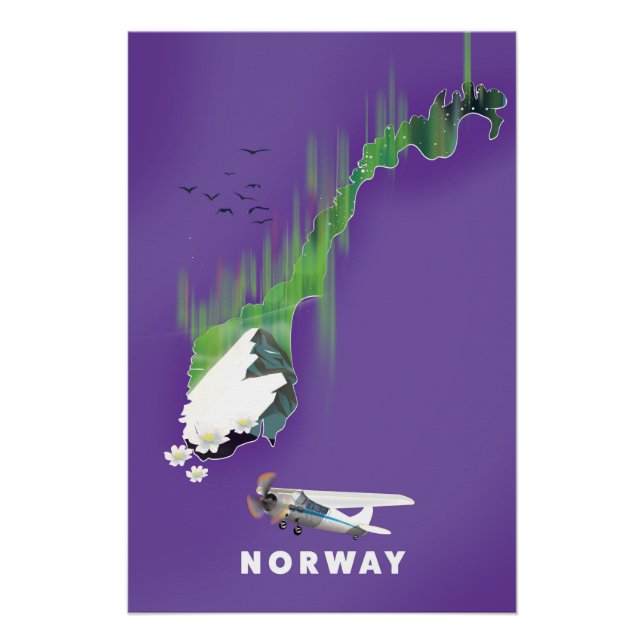 Mapa da Noruega, impressão ilustrada de poster. (Frente)