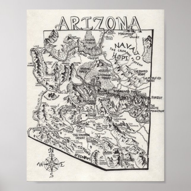 Mapa de Arizonas Desenhada à Mão | POSTER (Frente)