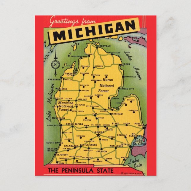 Mapa de Boas-Vindas de Michigan em Cartão Postal (Frente)