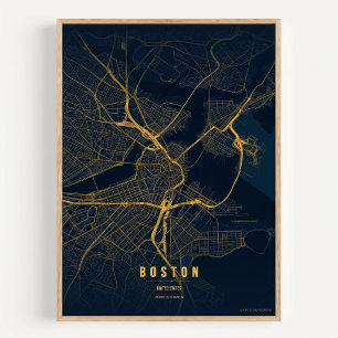 Mapa de Boston Impressão Dourada Arte de Parede da