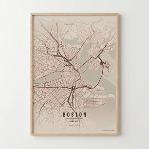 Mapa de Boston Impressão Rústica Arte de Parede da
