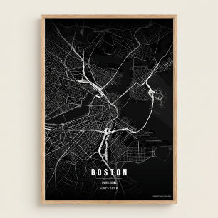 Mapa de Boston Noir Impressão Arte de Parede da Ci