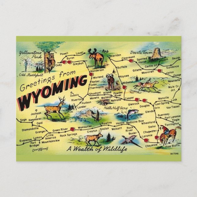 Mapa de cartão postal antigo de Wyoming (Frente)