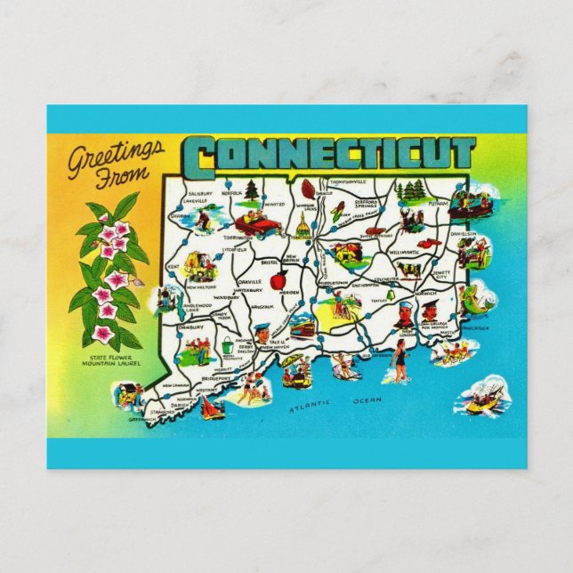 Mapa de Connecticut em cartão postal (Frente)