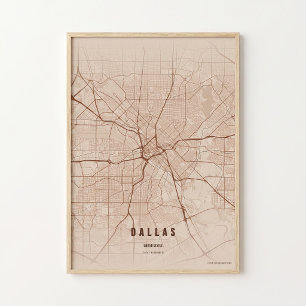 Mapa de Dallas Impressão Cobre Texas Cartaz Arte d