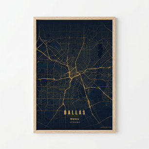 Mapa de Dallas Impressão Dourado Texas Cartaz Arte