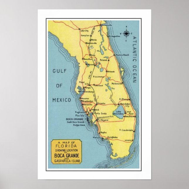 Mapa de Florida Boca Grande Poster Impressão (Frente)
