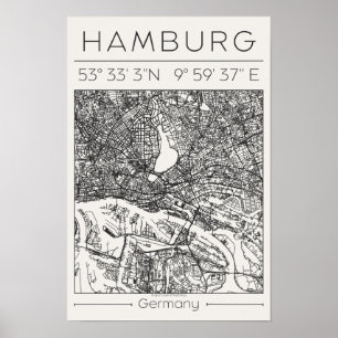 Mapa de Hamburgo em Carvão Poster Minimalista Alem