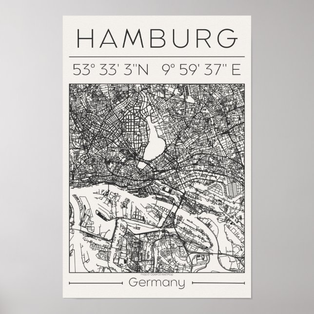 Mapa de Hamburgo em Carvão Poster Minimalista Alem (Frente)
