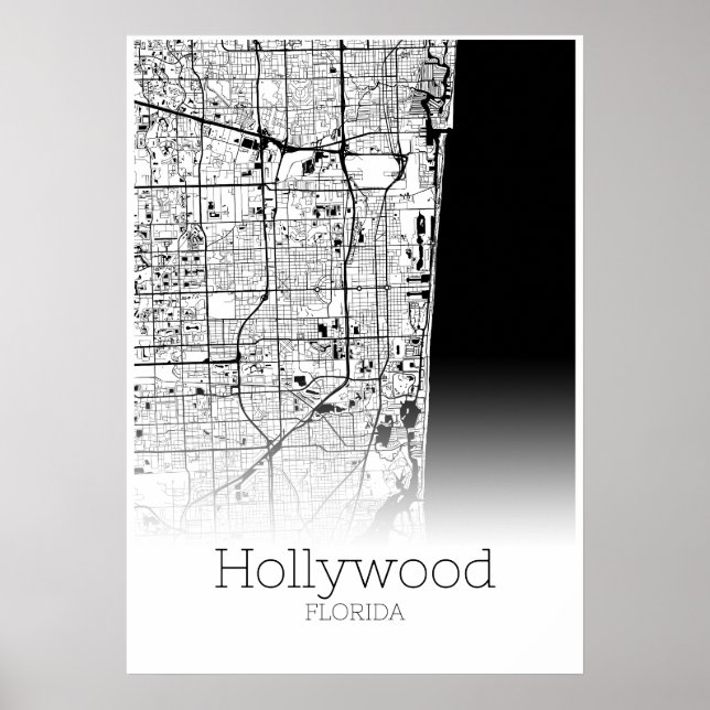 Mapa de Hollywood - Flórida - Poster do Mapa da Ci (Frente)