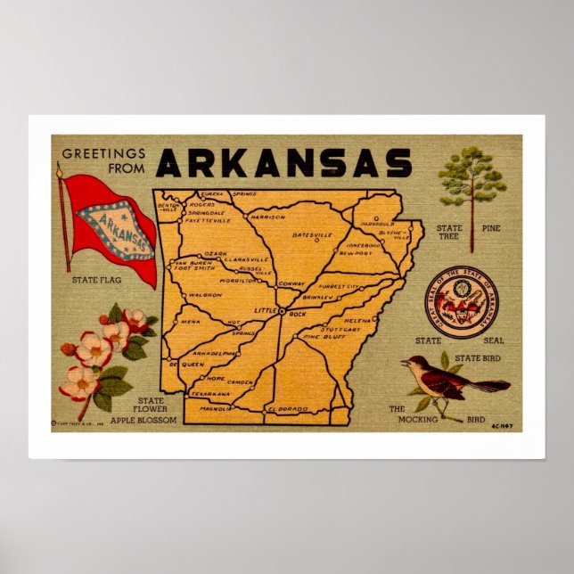 Mapa de impressão de velho cartão postal do Arkans (Frente)