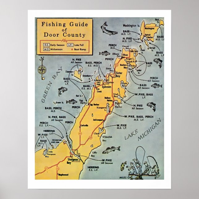 "Mapa de impressão do Door County Fishing 16x20 (Frente)