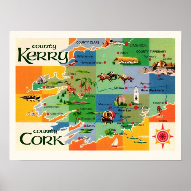 Mapa de Kerry & Cork Irlanda Impressão (Frente)