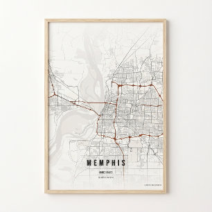 Mapa de Memphis Impressão Tennessee Cartaz Arte de