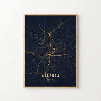 Mapa de Ouro de Atlanta Impressão Arte de Parede d
