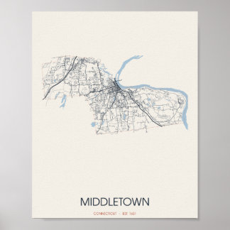 Mapa de Rua de Middletown Connecticut Poster