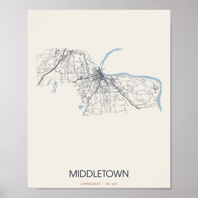 Mapa de Rua de Middletown Connecticut Poster (Frente)