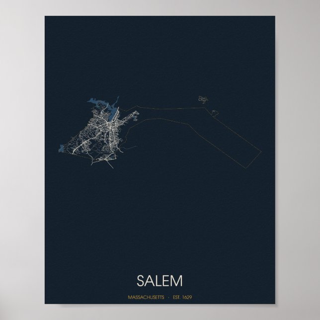 Mapa de Rua de Salem Massachusetts Poster (Noite) (Frente)