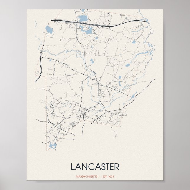 Mapa de Ruas de Lancaster Massachusetts em Poster (Frente)