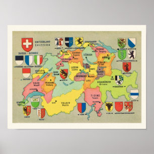 Mapa de Suíça Vintage 12x16 Impressão