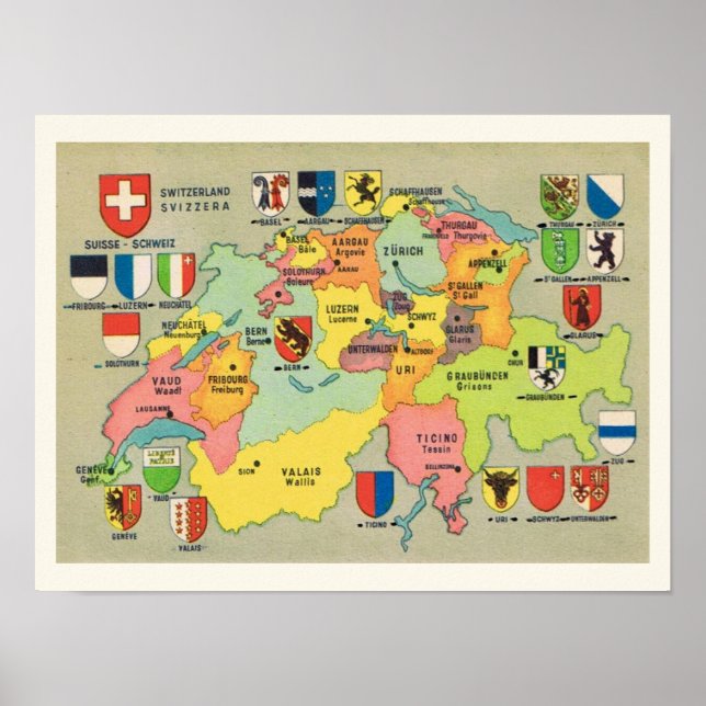 Mapa de Suíça Vintage 12x16 Impressão (Frente)