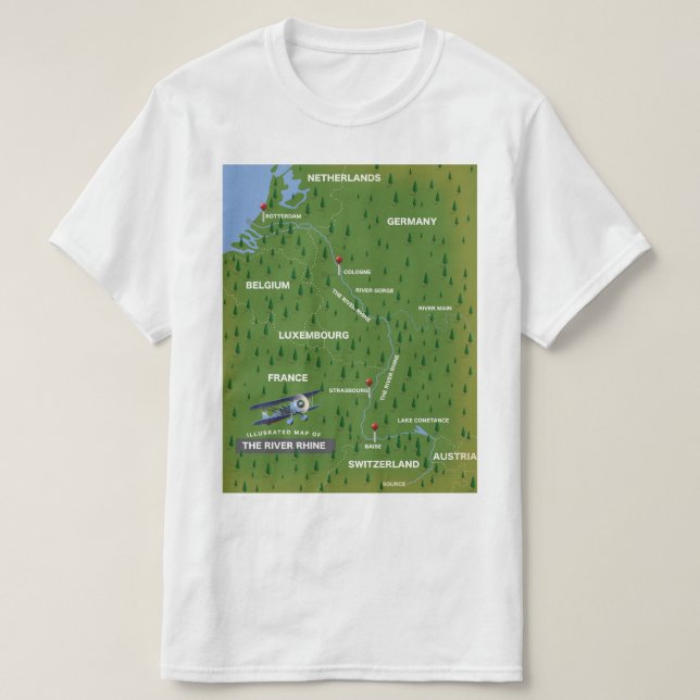 Mapa de viagem do Rio Reno. Camiseta (Frente do Design)