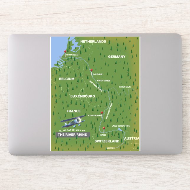 Mapa de viagem retro do rio Reno. Adesivo (Computador)