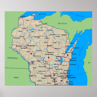 Mapa de Wisconsin Poster Green (em muitos tamanhos