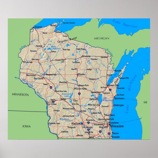 Mapa de Wisconsin Poster Green (em muitos tamanhos (Frente)