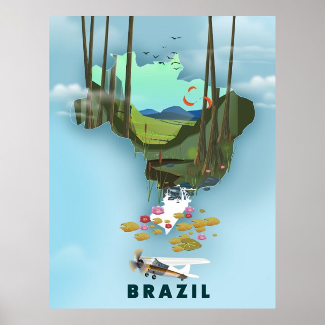 Mapa do Brasil - poster de viagens Ilustrado (Frente)