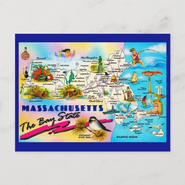 Mapa do Estado de Massachusetts em Cartão Postal (Frente)
