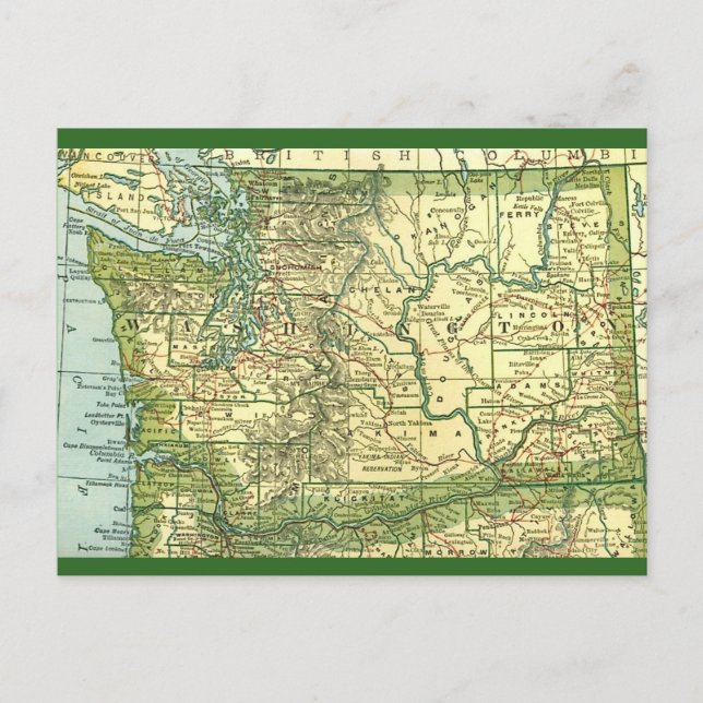 Mapa do Estado de Washington em cartão postal (Frente)