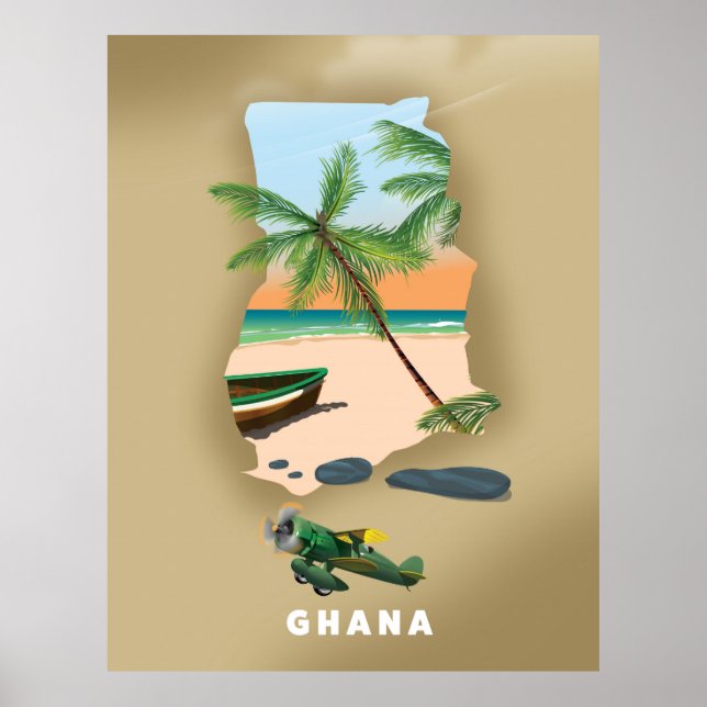 Mapa do Gana ilustrado poster de viagens. (Frente)