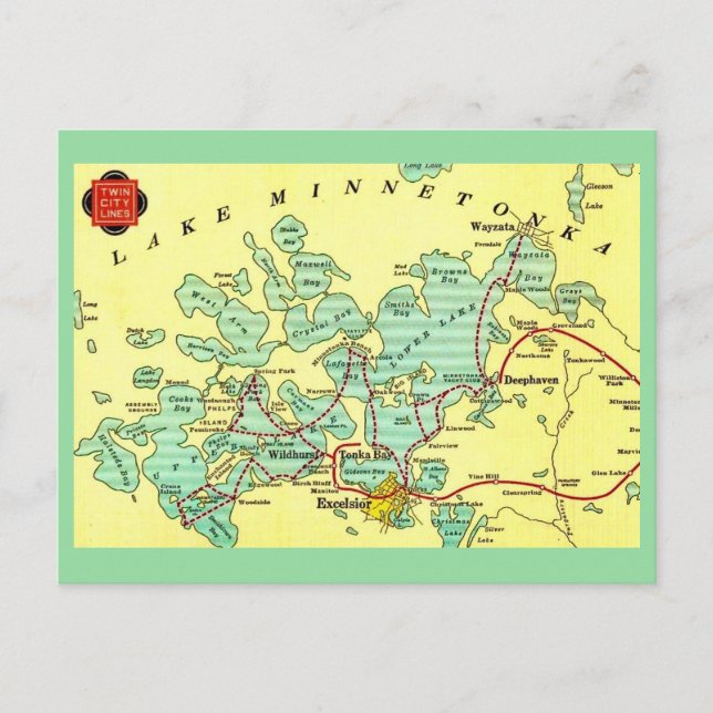 Mapa do Lago Minnetonka em cartão postal (Frente)