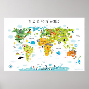 Mapa do Mundo Animal para Crianças Poster Decoraçã