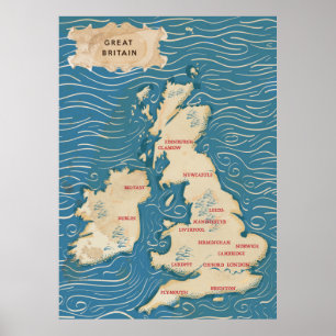 Mapa do poster vintage de Reino Unido