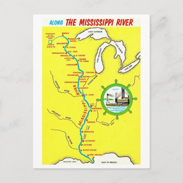 Mapa do Rio Mississippi - Cartão Postal Antigo (Frente)