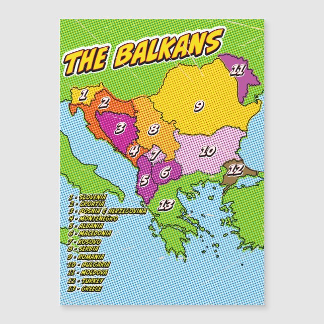 Mapa dos Balcãs Ilustrado em Pop Art (Frente)