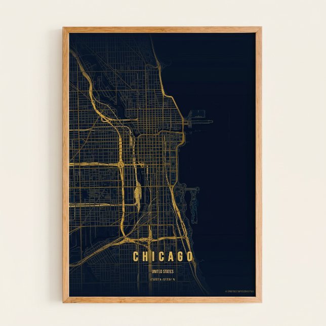 Mapa Dourado de Chicago Impressão Arte de Parede C (Criador carregado)