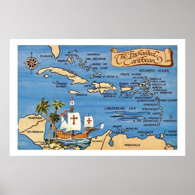 Mapa Encantado do Caribe Impressão 20x30 (Frente)