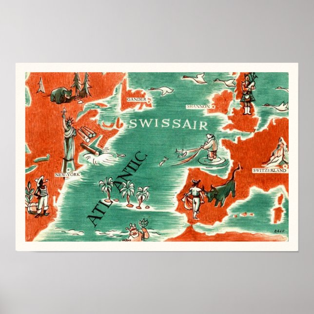 Mapa Ilustrado Antigo da Swissair para Impressão (Frente)