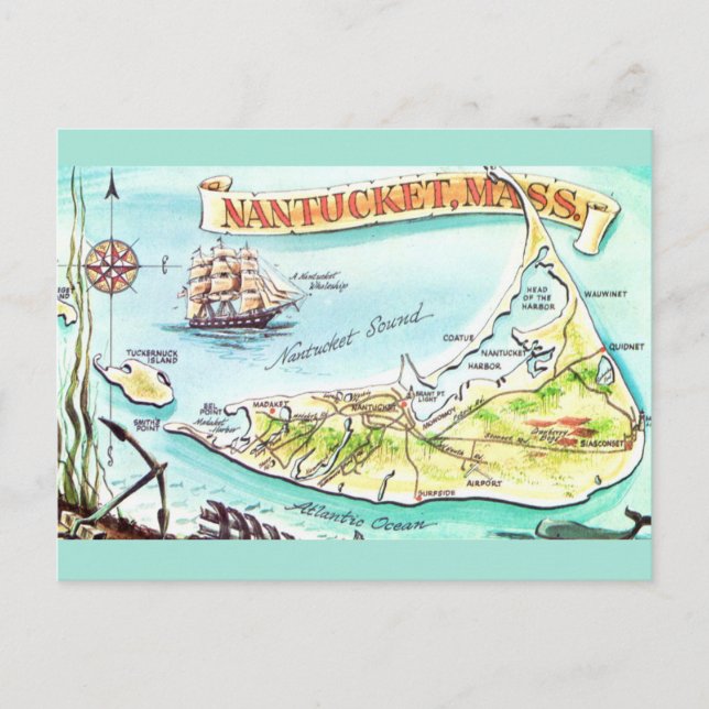 Mapa Ilustrado de Nantucket MA - Cartão Postal (Frente)