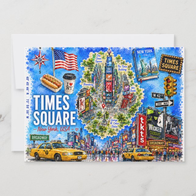 Mapa Ilustrado de Nova York EUA Cartão Postal da T (Frente)