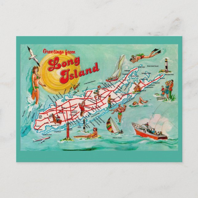 Mapa Ilustrado do Long Island em Cartão Postal (Frente)