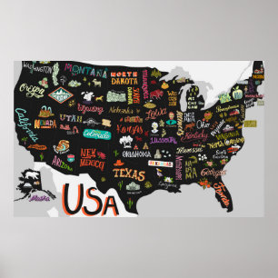 Mapa ilustrado dos EUA. Poster com estados e