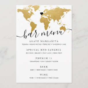 Mapa Mundial Chic Gold com Cartão de Menu de Coraç