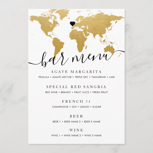Mapa Mundial Chic Gold com Cartão de Menu de Coraç (Frente)