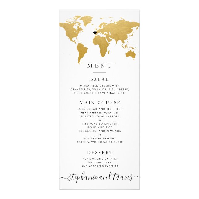 Mapa Mundial Dourado Chic com Cartão de Menu Coraç (Frente)
